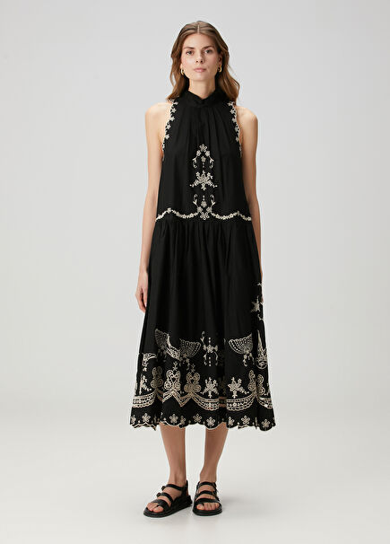 Kingsley Black Embroidered Midi Dress
