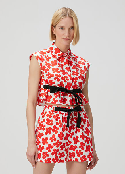 Red Floral Crop Poplin Shirt
