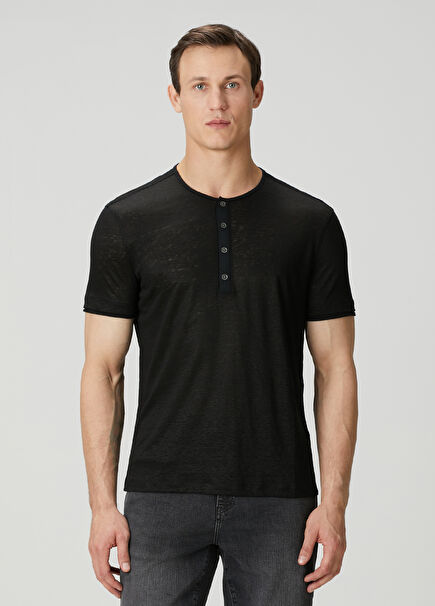 Regular Fit Bleecker Yakası Düğmeli Keten T-shirt