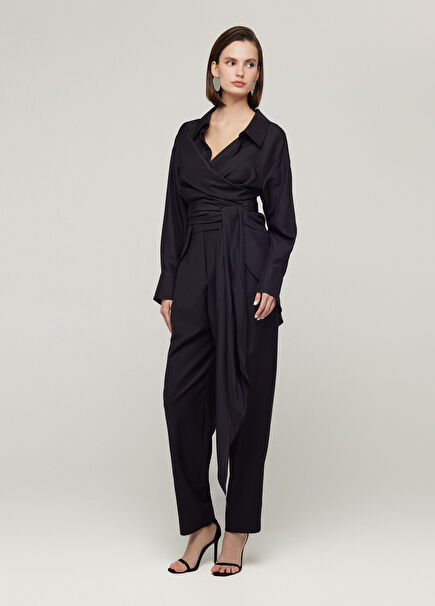 Erkek Yaka Kuşak Bağlamalı Siyah Kadın Gömlek %100 İpek