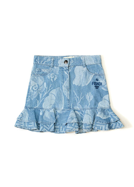Dark Blue Floral Patterned Girls Denim Skirt