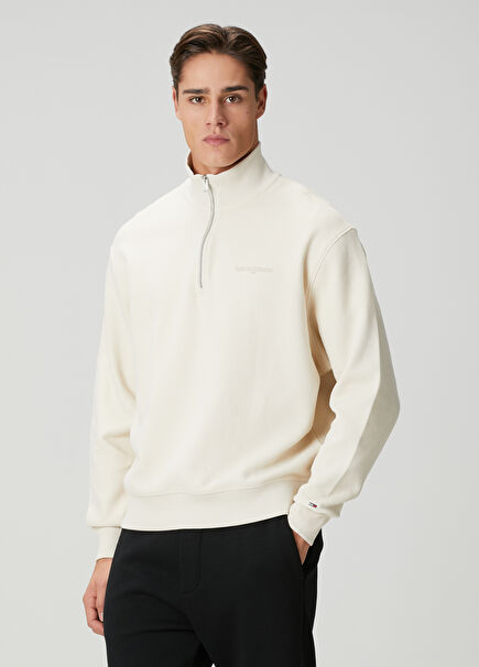 Bej Yakası Fermuarlı Sweatshirt