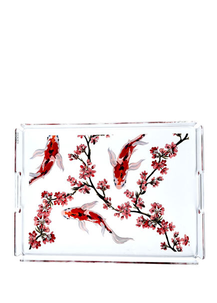 Koi Fish Pink Flower Patterned Plexi Tray