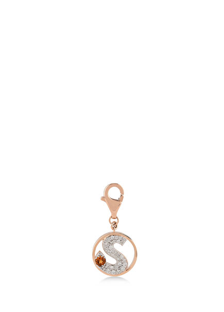 Mini “S” Harfli Charm Pırlanta Sitrin Taşlı 14 Ayar Pembe Altın