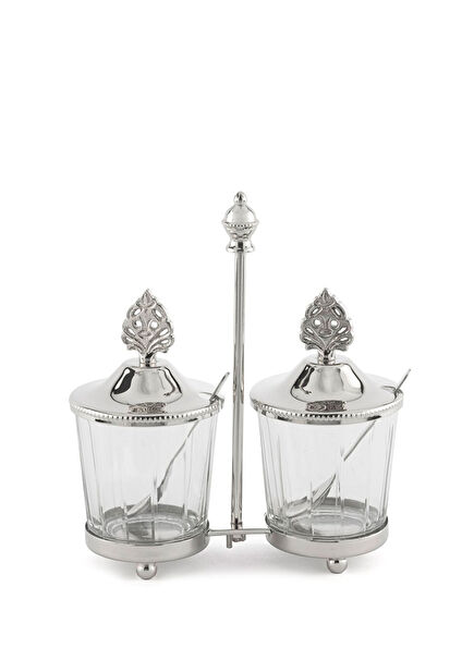 Gümüş Çelik Standlı Kapaklı Cam 2'li Baharatlık Seti