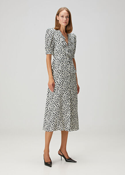 Siyah Çiçekli Midi İpek Elbise