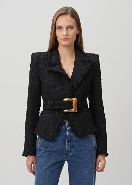 Siyah Tweed Dokulu Ceket