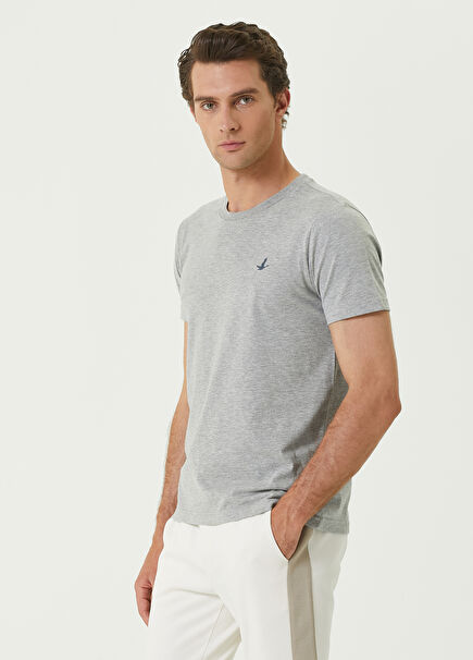 Grey Logo Detailed Basic T-shirt