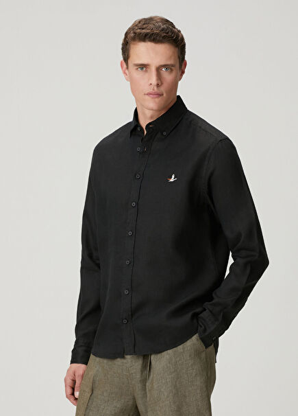 Black Comfort Fit Linen Shirt