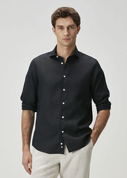 Comfort Fit Siyah Keten Gömlek