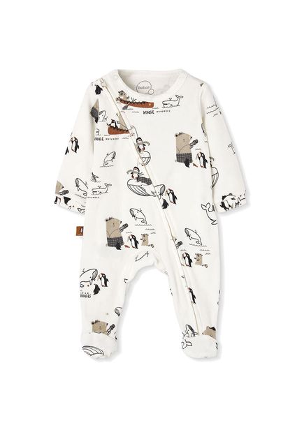 Beyaz Hayvan Desenli Patikli Pamuklu Unisex Bebek Tulum