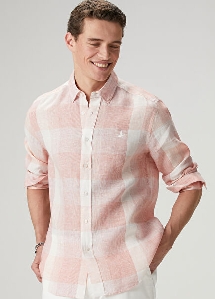 Comfort Fit Burgundy Plaid Patterned Linen Shirt