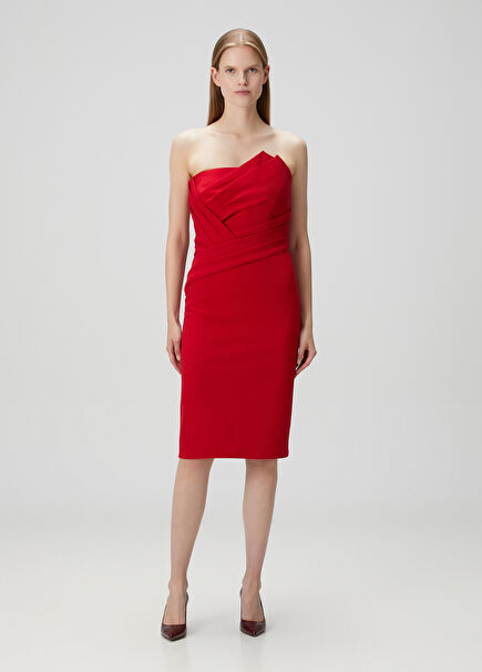 Kırmızı Pileli Midi Kokteyl Elbise