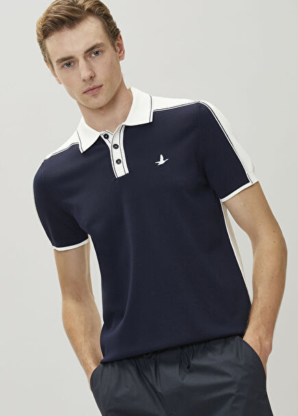 White Navy Blue Short Sleeve Polo Sweater