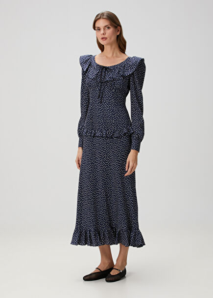 Blue Polka Dot Midi Silk Dress