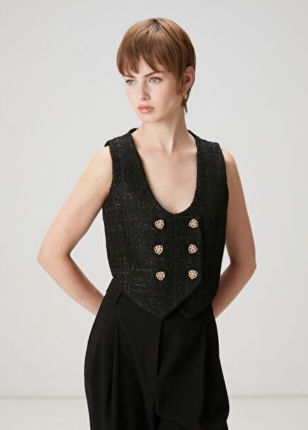 Black Glitter Double-Breasted Tweed Vest