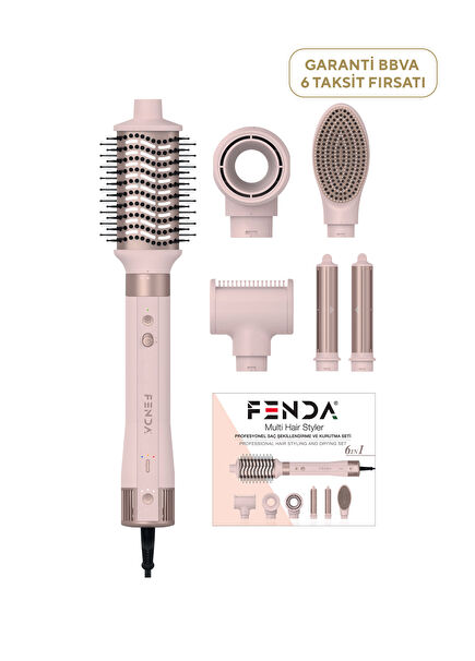 Fenda Profesyonel Pembe 6 Başlıklı Saç Şekillendirici Air Styler Kurutma ve Maşa Seti FNDSACMS0002