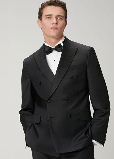 Siyah Yün Kruvaze Smokin