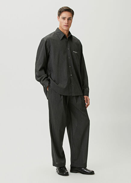 Grey Waist Corded Striped Pattern Wool Trousers