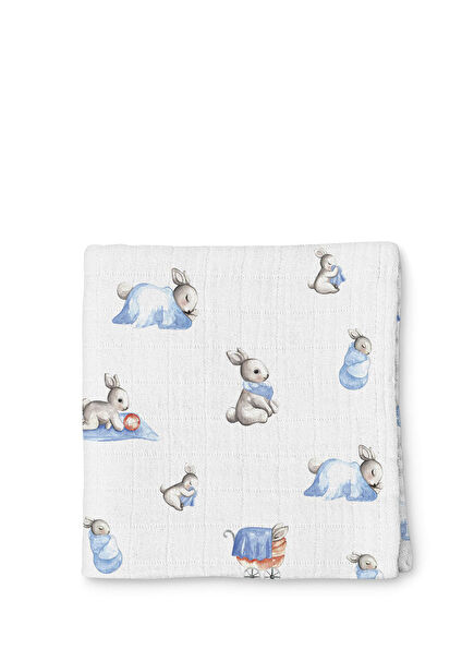 %100 Pamuk Bebe Lapin Müslin Mavi Bebek Örtüsü 70x70 cm