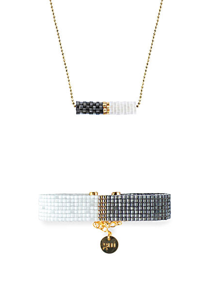Split Black 925 Sterling Silver 18K Gold Plated Women's Bracelet and Necklace Set