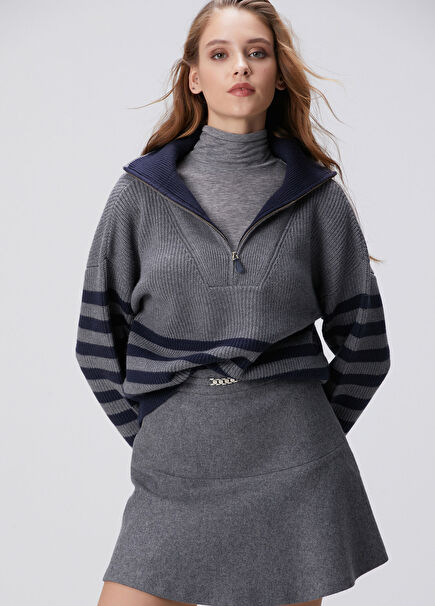Grey Melange Navy Blue Striped Sweater