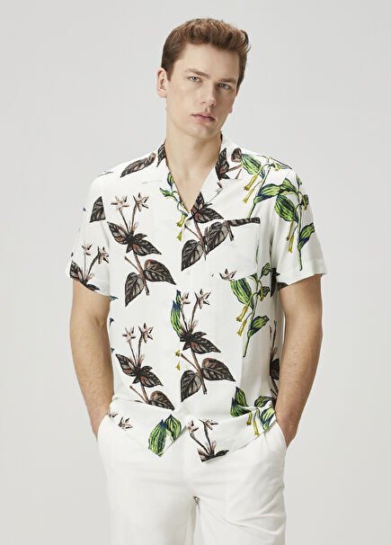 Regular Fit Ecru Leaf Patterned Short Sleeve Shirt