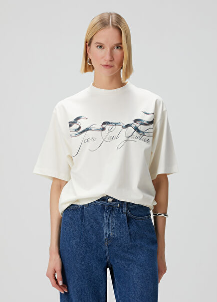 Oversized Beyaz Logo Baskılı T-shirt
