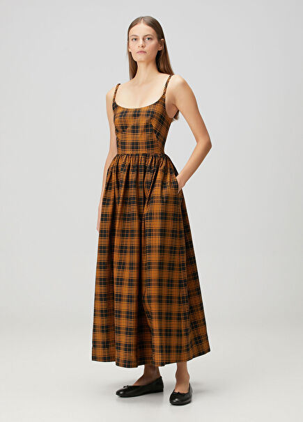 Áine Bej Siyah Midi Balon Elbise