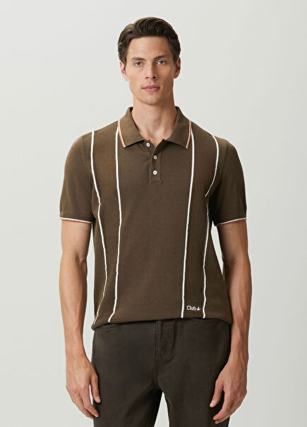 Brown Vertical Line Detailed Short Sleeve Sweater