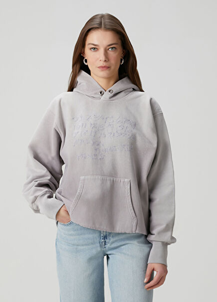 Gri Kapüşonlu Nakışlı Sweatshirt