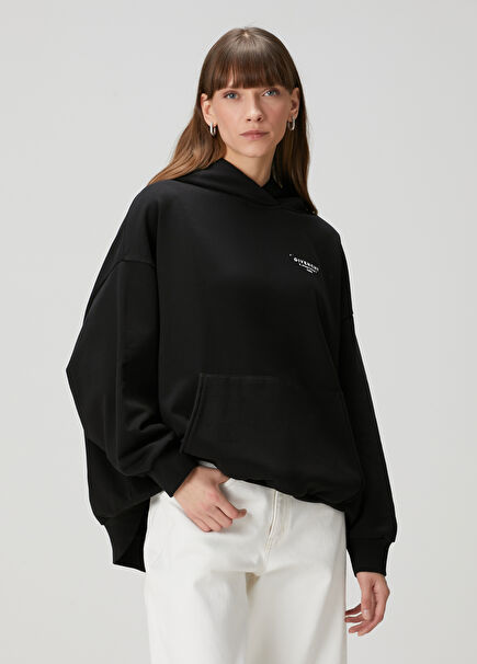 Siyah Logo Baskılı Oversize Sweatshirt
