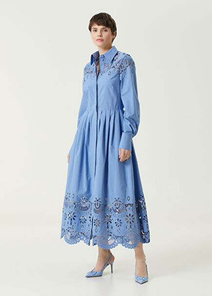 Blue Embroidered Maxi Shirt Dress