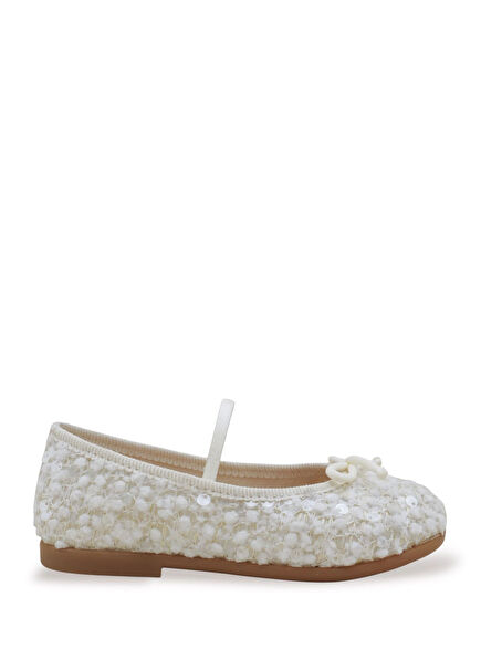 Mia Ecru Leather Sequin Detailed Girls' Ballet Flats