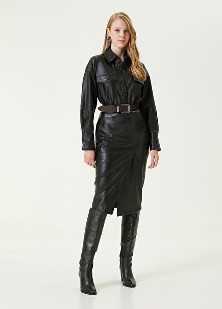 Black Midi Faux Leather Pencil Skirt