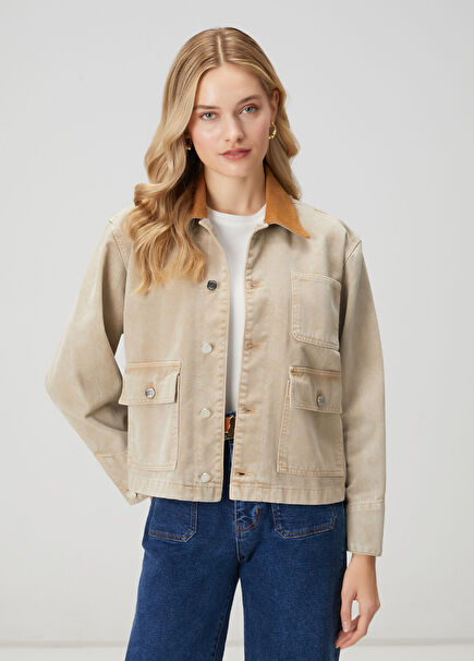 Beige Velvet Collar Denim Jacket