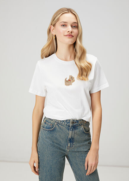 Agatha Beyaz Taş İşlemeli T-shirt