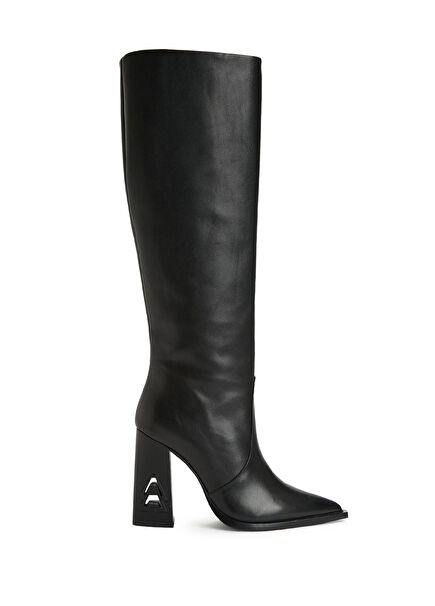 Siyah Logolu Kadın Deri Çizme