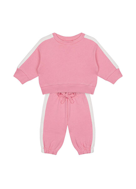 Pembe Beyaz Kontrastlı Sweatshirt ve Pantolon Kız Bebek 2'li Set