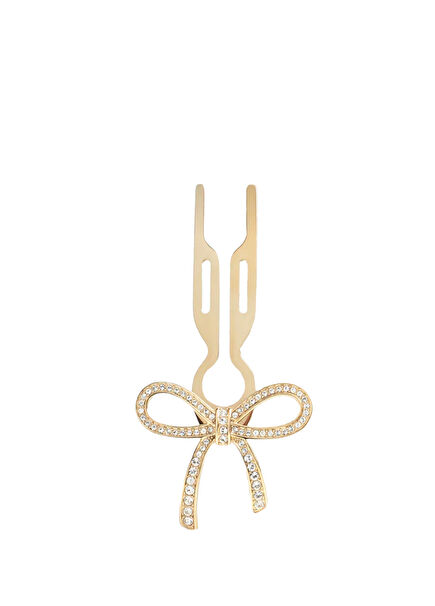 Franchimon Nº1 Hairpin Ribbon Finish Yellow Gold Swarovski Taşlı Kurdaleli Kadın Saç Tokası 