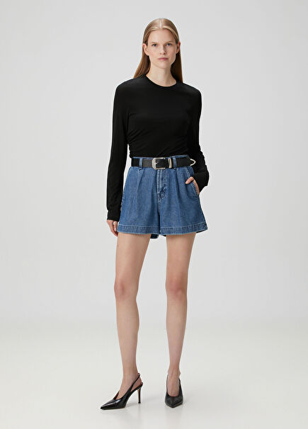Blue Pleated Denim Shorts