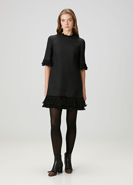 Black Ruffle Mini Wool Dress