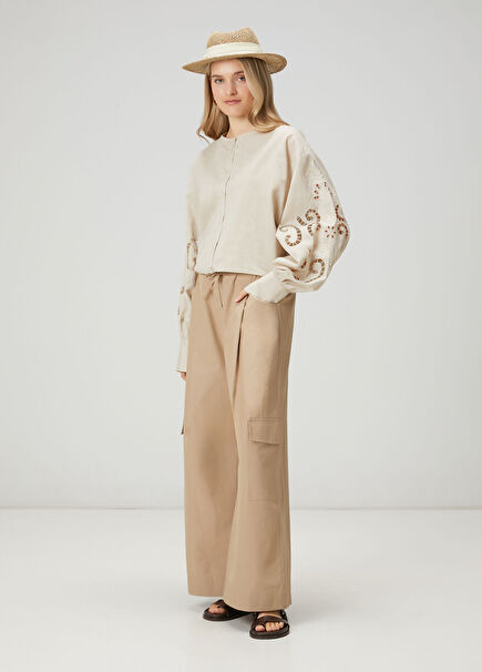 Bej Beli Bağcıklı Kargo Pantolon