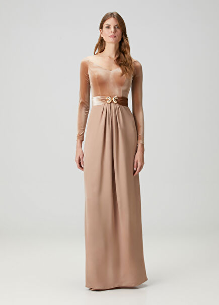 Beige Velvet Boat Neck Long Sleeve Women's Evening Dress