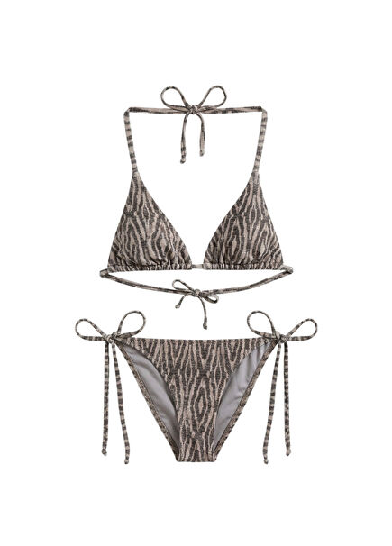 After Sun Gri Desenli Üçgen Boyundan Bağlamalı Kadın Bikini Takımı 