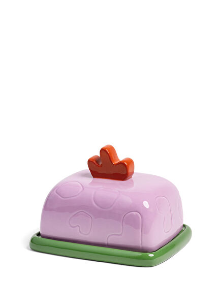 Pembe Desenli Kapaklı Tereyağ Tabağı