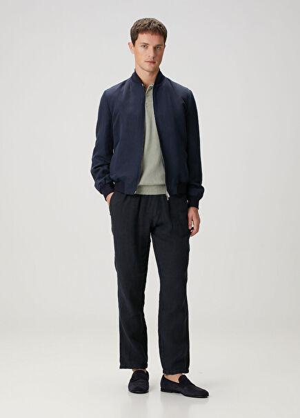 Lacivert Beli Kordonlu Keten Pantolon