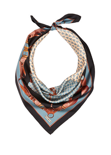 Mavi Harness Desenli İpek Eşarp