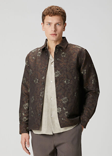 Kaleb Koyu Kahverengi Çiçek Jakarlı Dış Gömlek