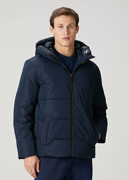 Lacivert Kapüşonlu Puff Mont